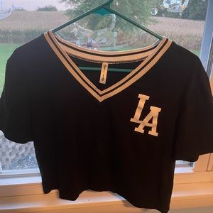 Medium ish crop top, black and white with LA on it